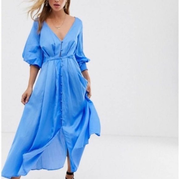 Free People Dresses & Skirts - Free People Later Days Midi Dress Blue Satin Button Front Lattice V-Neck Boho 8